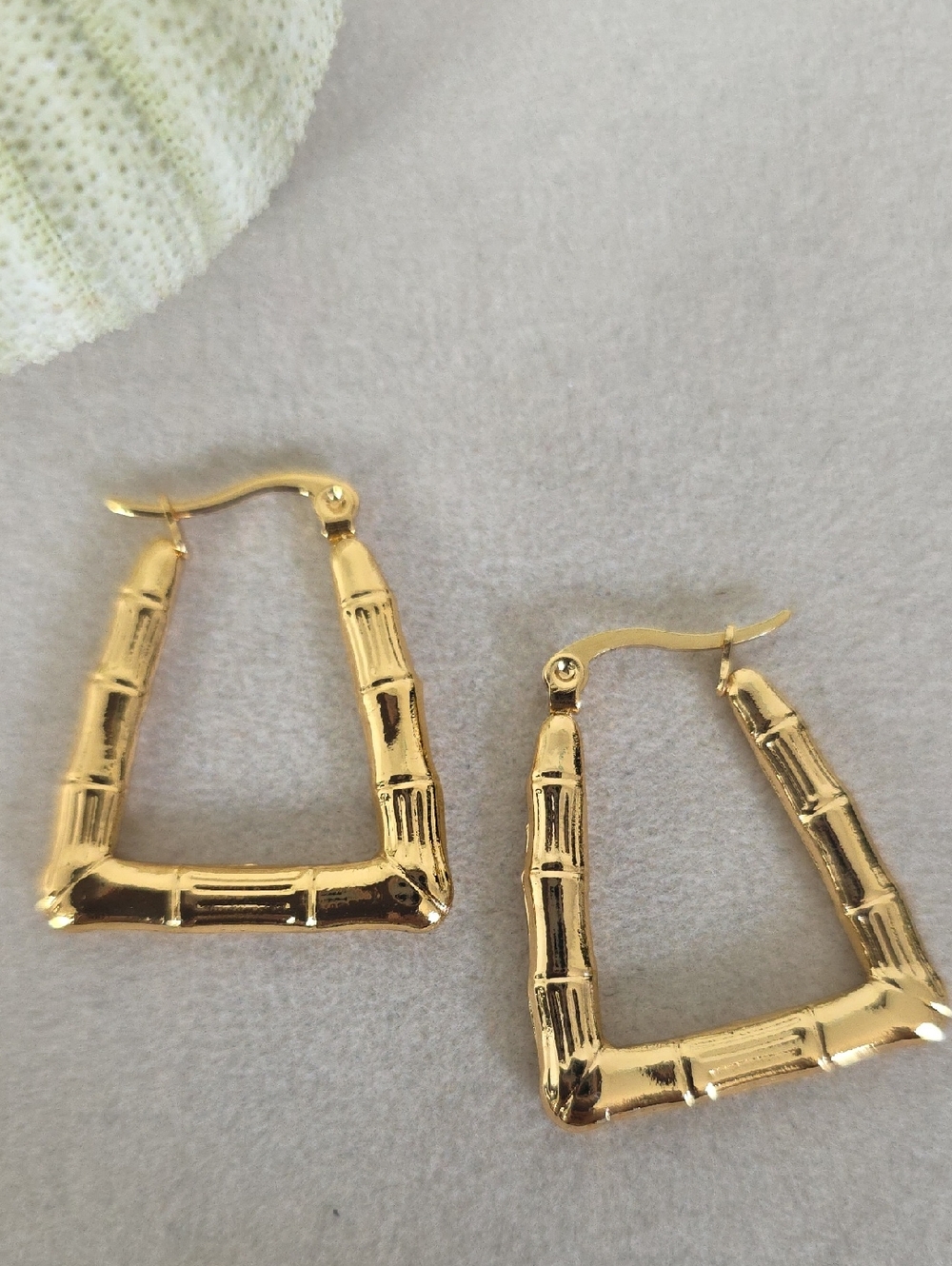 Gold Stainless Steel Trapezoid Shape Bamboo Hoop Earrings